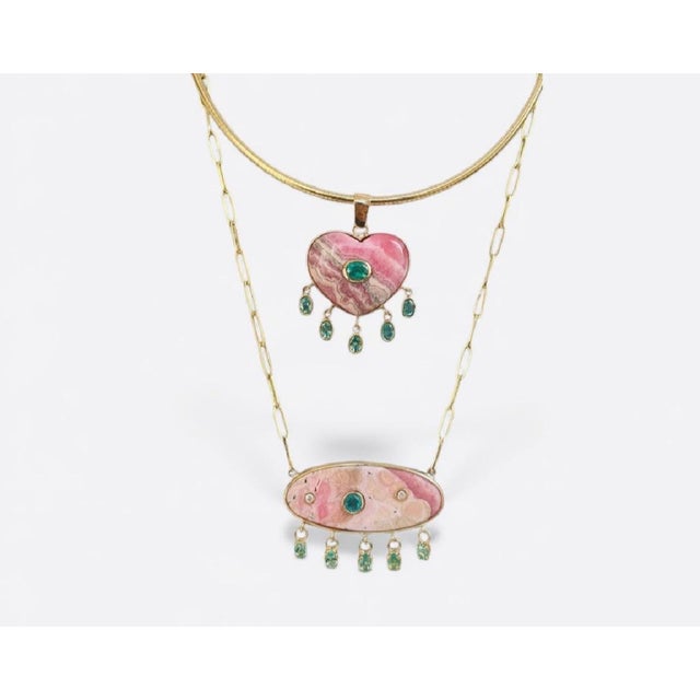 Pink Rhodochrosite Necklace With Emeralds & Diamonds on Large 14k Gold Paperclip Chain For Sale - Image 8 of 10