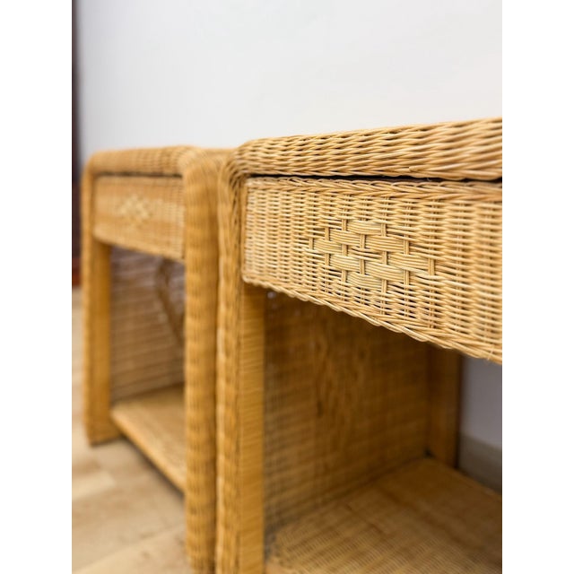 Wood Pair of Vintage Wicker Arched Nightstands Coastal Regency Bedside Tables For Sale - Image 7 of 12