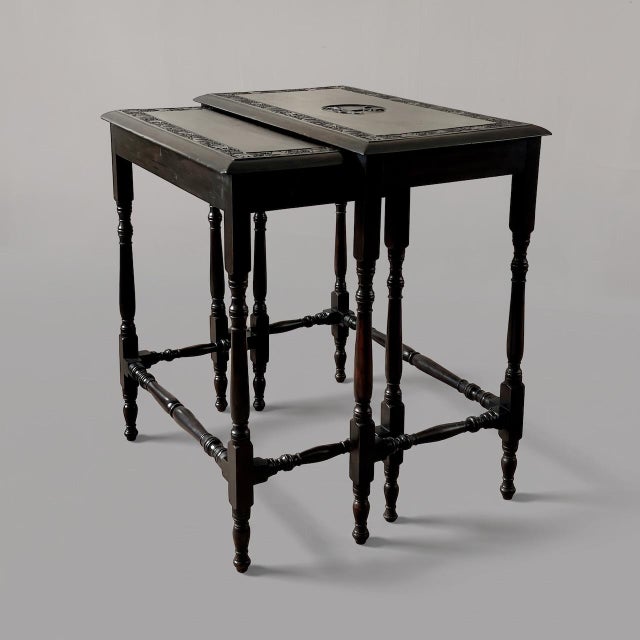 Victorian English Dyed and Carved Walnut Nesting Tables with Ivy Borders and Stag Emblem, 1890s, Set of 2 For Sale - Image 16 of 16