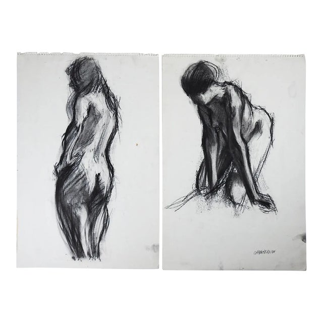 Mid 20th Century Charcoal Drawing Studies Female Nude Figures - a Pair For Sale