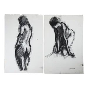 Mid 20th Century Charcoal Drawing Studies Female Nude Figures - a Pair