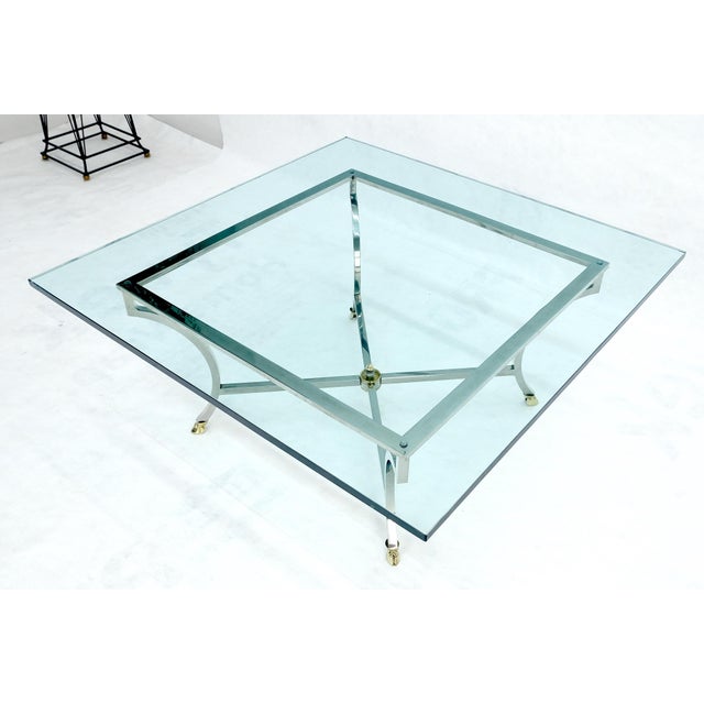 Brass hoof Feet 40x40 3/4" Square Glass Top Chrome Base Coffee Table Italy MINT For Sale - Image 14 of 16