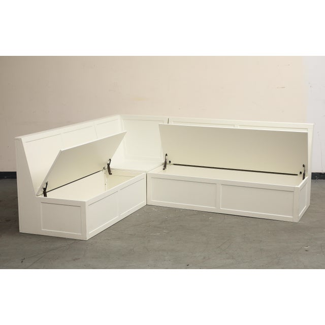 L-Shaped White Wood Corner Storage Banquette With Custom Cushions ...