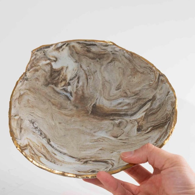 Vintage Tan and Off White Marbled Studio Pottery Bowl For Sale - Image 12 of 12