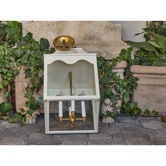 Mid 20th Century Mid 20th Century White Painted Metal Lantern with Glass Panels and Pagoda Top, USA Wired For Sale - Image 5 of 8