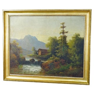Summer Mountain Landscape with Waterfall and Hut, 19th Century, Oil on Canvas, Framed For Sale