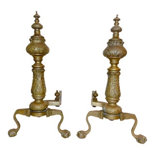 Pair of 2 Antique Ornate Victorian Solid Bronze Cast Iron Fireplace Andirons Set For Sale