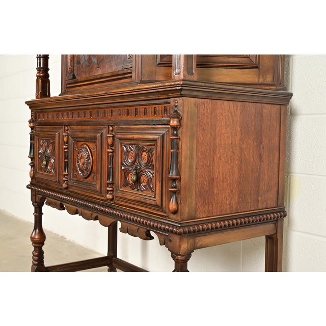 Berkey & Gay Antique English Tudor Carved Walnut and Burl Wood Bookcase or Bar Cabinet, Circa 1920s For Sale - Image 12 of 17