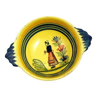 Vintage Henriot Quimper Soleil Yellow Handled Bowl/Cider Cup With Breton Woman & Floral Motif For Sale