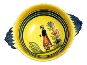Vintage Henriot Quimper Soleil Yellow Handled Bowl/Cider Cup With Breton Woman & Floral Motif