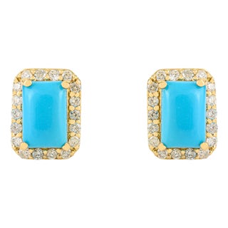 18k Gold Prong Set Turquoise Stud Earrings With Halo Diamonds- 2 Pieces For Sale