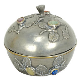 Antique Chinese Pewter Jeweled Lidded Bowl With Gemstones Republic Period For Sale