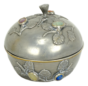 Antique Chinese Pewter Jeweled Lidded Bowl With Gemstones Republic Period