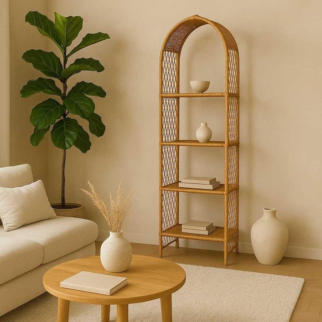 Bring timeless design into your home with this vintage 1970s rattan arch étagère, a sculptural and versatile shelving unit...