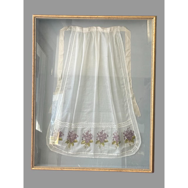 Vintage Hand Embroidered Lilac Apron Shadow Box Framed Cottage Wall Decor For Sale - Image 6 of 6