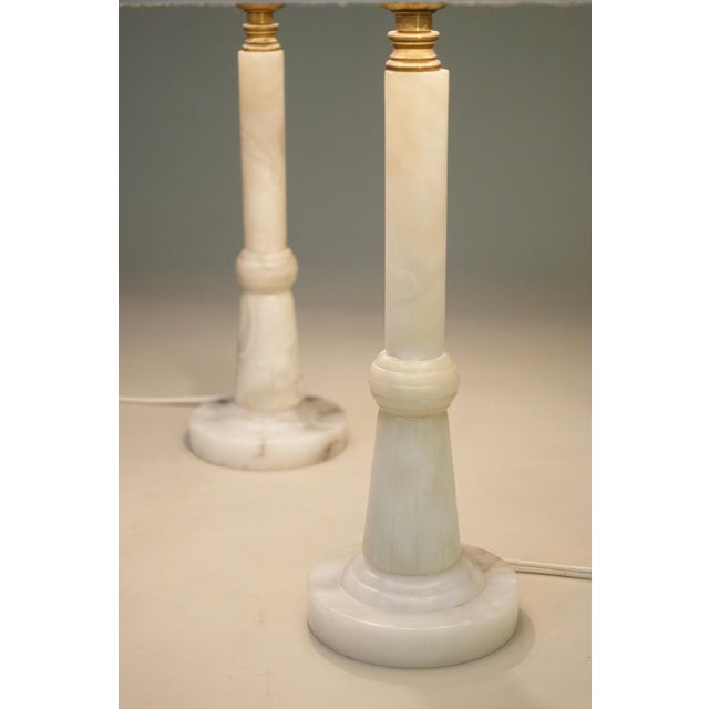 1930s Art Deco Streamline Alabaster Marble Brass Candlestick Table Lamps Italy - a Pair For Sale In Los Angeles - Image 6 of 13