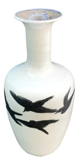 Early 21st Century Signed Studio Pottery Bud Vase With Birds