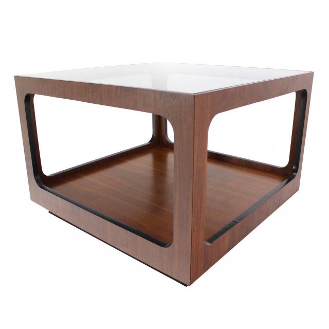 Mid Century Modern Square Cube Walnut Base Glass Top Coffee Side End Lamp Table For Sale - Image 6 of 7