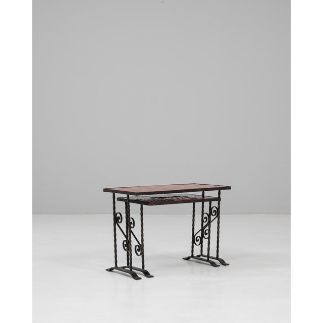 Rustic 20th Century French Iron Nesting Tables With Ceramic Tops - A Pair For Sale - Image 3 of 18