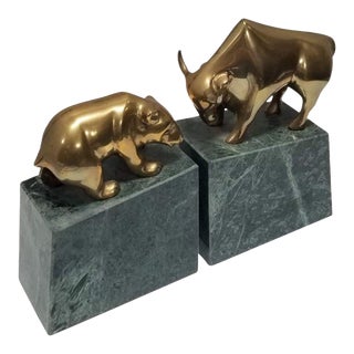 1990s Bull and Bear Stockmarket Brass Statues on Marble Bookends - a Pair For Sale