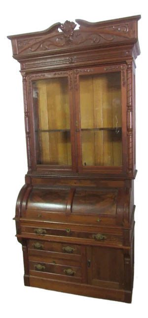1900s Victorian Cylinder Secretary Desk Cupboard Walnut