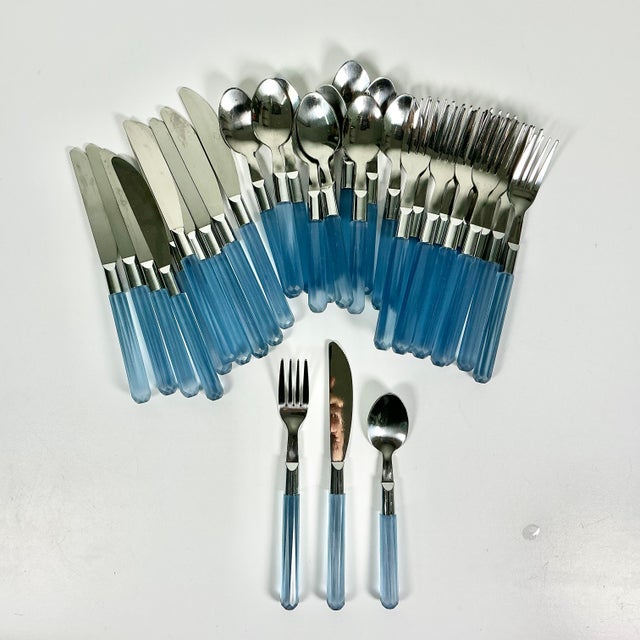 1980s Vintage Boho Chic French Blue Lucite Flatware With 18/10 Stainless Steel - Set of 33. For Sale - Image 4 of 8