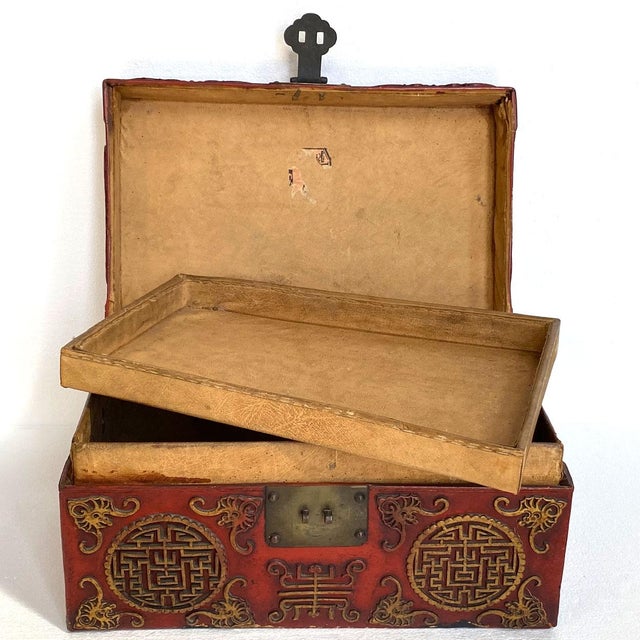 Chinese Qing Red Lacquer, Parcel Gilt and Leather Box For Sale - Image 4 of 11