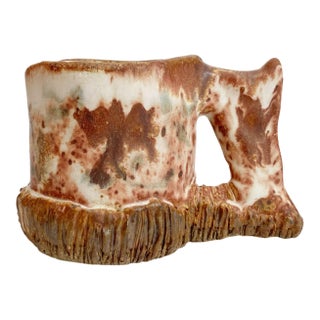 1990s Signed Artisan Wheel Thrown Rustic Textured Stoneware Mug For Sale