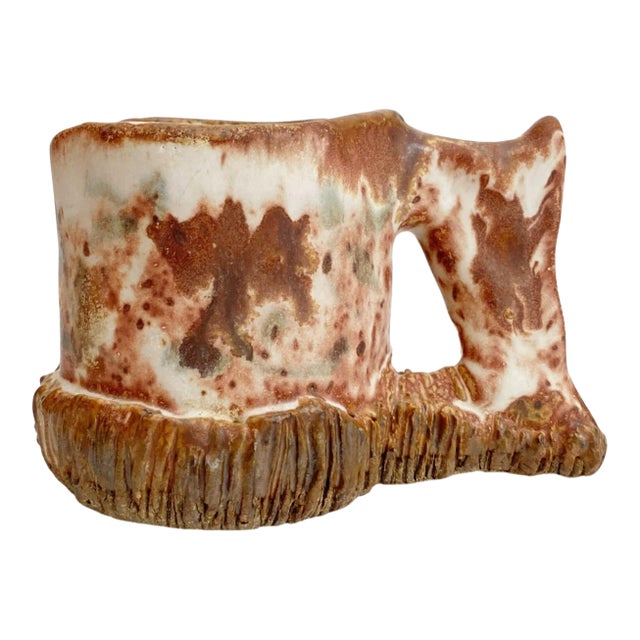 1990s Signed Artisan Wheel Thrown Rustic Textured Stoneware Mug For Sale