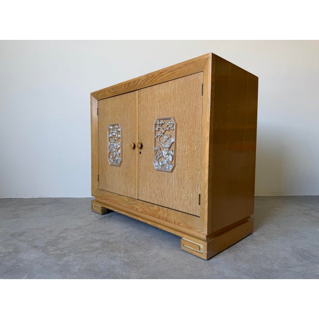 Chinoiserie James Mont Attributed Regency Chinoiserie Cerused Oak Cabinet With Silvered Relief Panels For Sale - Image 3 of 12