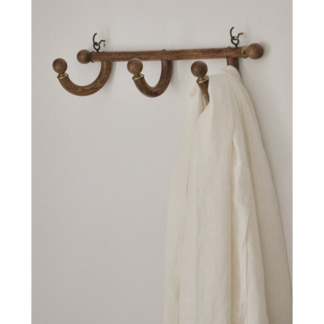 Mid 19th Century Vintage, Rustic Early American Wood and Brass Wall Coat Rack For Sale - Image 4 of 8