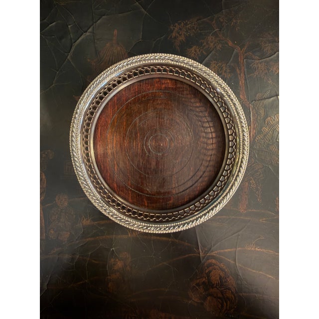 Wood Vintage Silver Plate Bullseye Wine Coaster With Gallery Edge For Sale - Image 7 of 12
