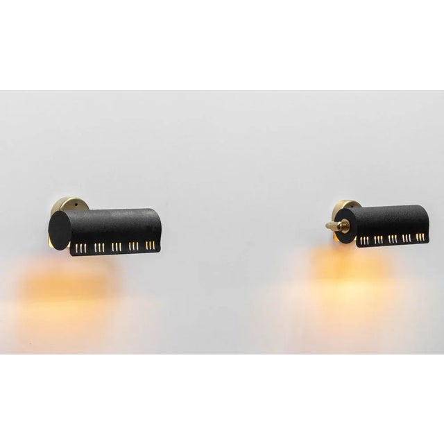 Beautiful pair tubular reading lamps / wall lights 'model 8260' in hammered black combined with brass made by Falkenberg...