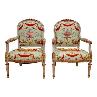 19th-C. French Bergere Chairs in Stroheim & Romann Fabric For Sale