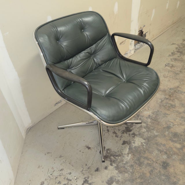 Iconic Early Charles Pollock Executive Armchairs a Pair Solid Aluminum Base Green Leather For Sale - Image 10 of 14