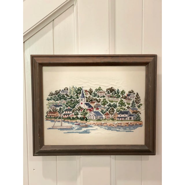 Beautiful Traditional English Style Textile Art of a Harbor and Village and a Sailboat on the Ocean Framed Needlepoint...