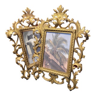 Pair of Antique-Style Gilded Picture Frames • Ornate Cast Metal • Baroque Revival • 5x7 • Heavy, Free-Standing For Sale