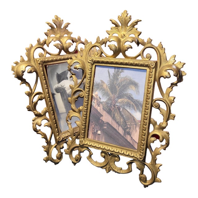 Pair of Antique-Style Gilded Picture Frames • Ornate Cast Metal • Baroque Revival • 5x7 • Heavy, Free-Standing For Sale
