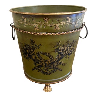 Italian Neoclassical Tole Green & Gold Cachepot Planter Vase With Lion Heads For Sale