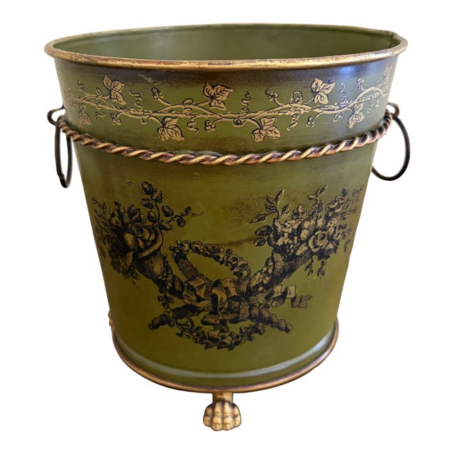 Italian Neoclassical Tole Green & Gold Cachepot Planter Vase With Lion Heads For Sale