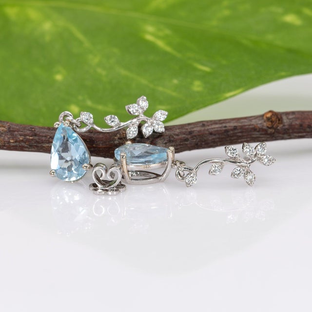 1.9ct Aquamarine Drop Earrings With Lab Grown Diamond Accents: Solid 14k Gold, A Pair For Sale - Image 4 of 5