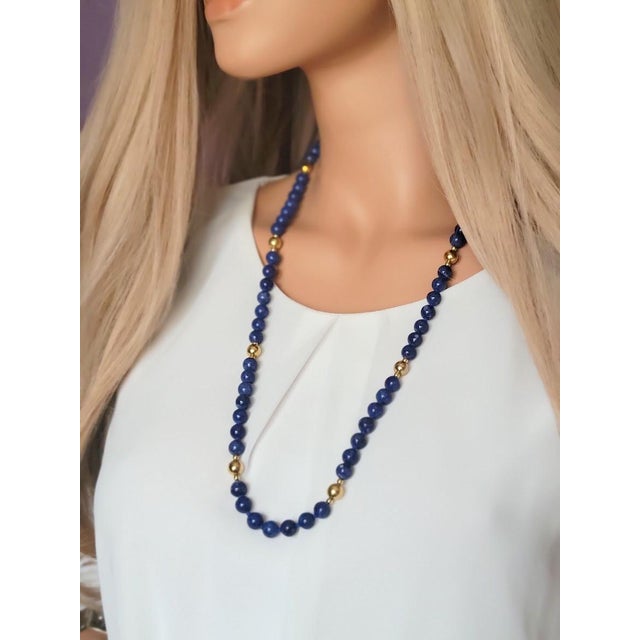 Contemporary Vintage 30-Inch Sodalite and 14k Gold Beaded Necklace, Circa 1970s For Sale - Image 3 of 7