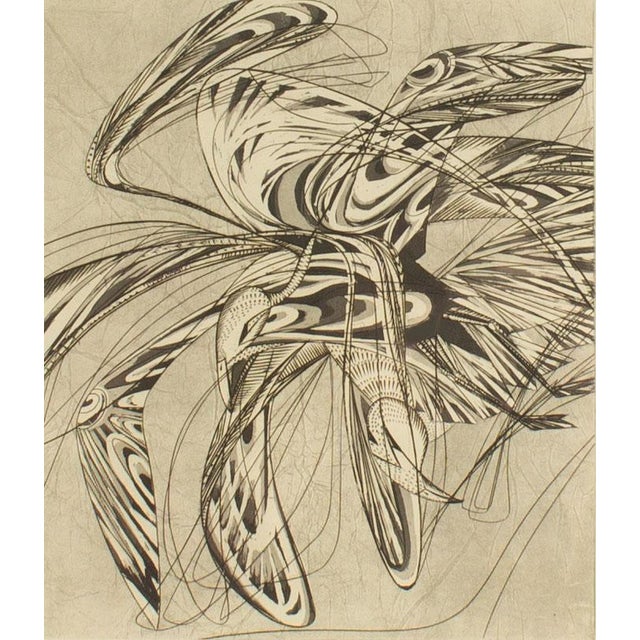 A 1944 abstract etching by the American artist Daniel Philip Platt. This etching features an abstract bird made of...