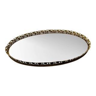 1970s Mid Century Vintage Hollywood Regency Gold Filigree Oval Vanity Dresser Mirror Tray For Sale