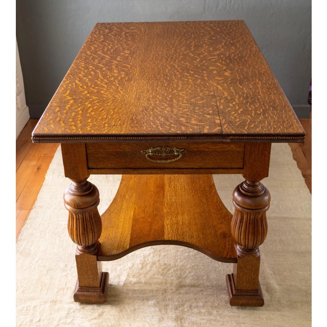Victorian 19th Century Jacobean Revival Tiger Oak Library Table or Center Table With Drawers For Sale - Image 3 of 18
