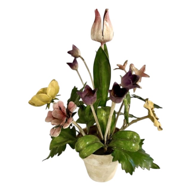Vintage Italian Tole Potted Flowers / Floral Toleware Arrangement Sculpture With Tulip, Buttercup and Lily Blooms For Sale