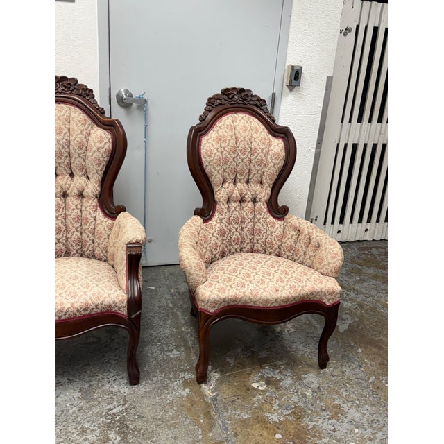 Rococo American Furniture Galleries Victorian Rococo Revival Gentleman’s + Lady’s Parlor Chairs, 1970s For Sale - Image 3 of 13