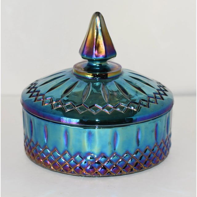 Indiana Glass Peacock Iridescent Blue Carnival Lidded Candy Trinket Dish This exquisite Indiana Glass candy dish and lid...
