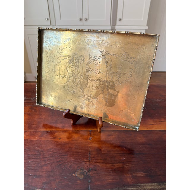 Metal Antique Early 20th Century Engraved Chinese Brass Opium Tray With Scalloped Rim For Sale - Image 7 of 17