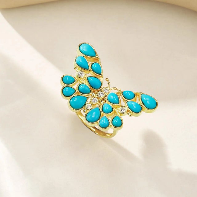 Nina Zhou Butterfly Turquoise Diamond Cocktail Ring in 14k Yellow Gold, size 9 For Sale - Image 12 of 12
